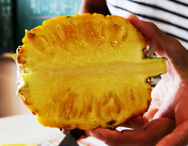 切ってみるととってもジューシー！完熟のパインです！